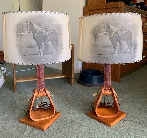 1950 Vintage 2 Lamps with Mica Palomino Horse Shades  